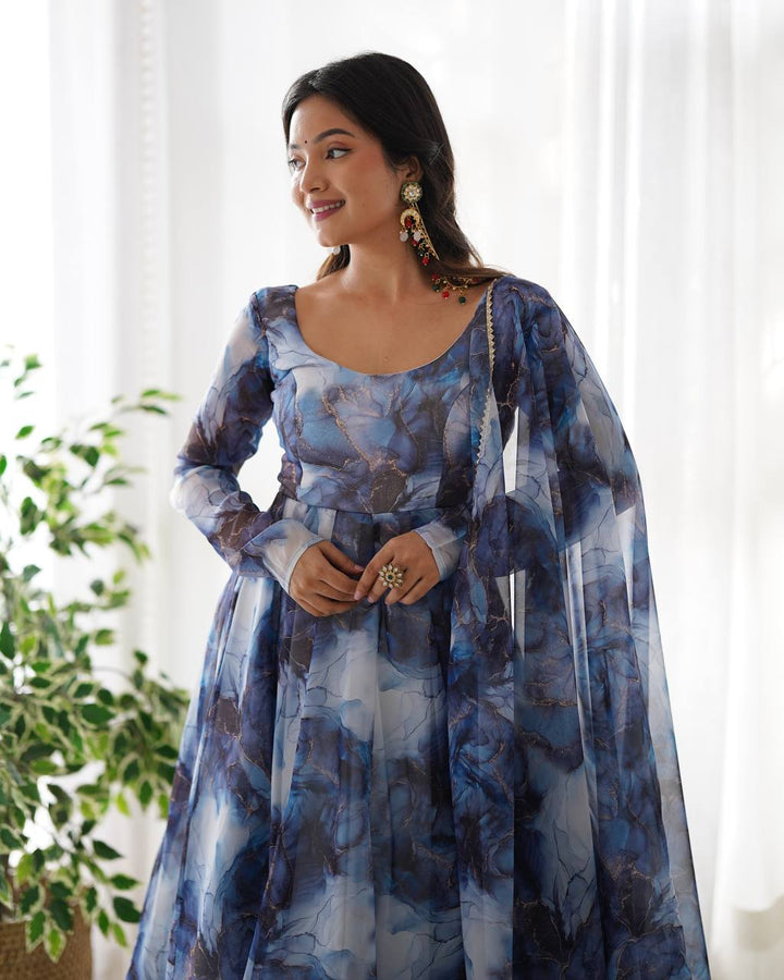 Navy Blue Marble Printed Flared Organza Anarkali Suit