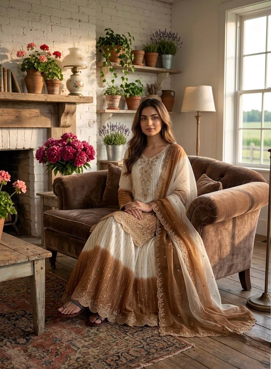 Off-White And Brown Ombre Embroidered Sharara Suit