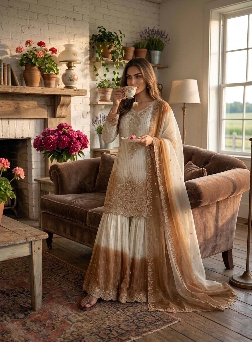 Off-White And Brown Ombre Embroidered Sharara Suit
