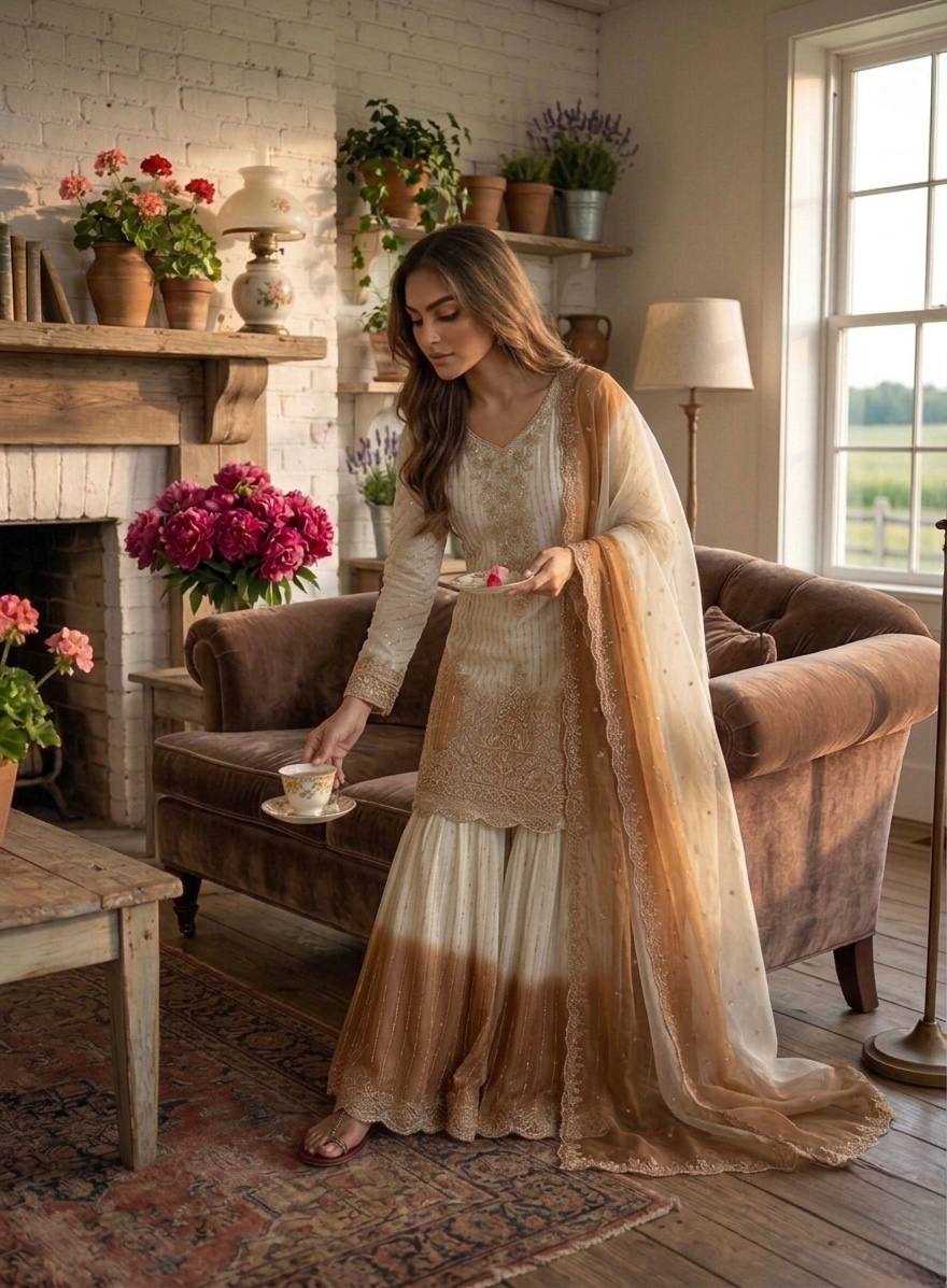 Off-White And Brown Ombre Embroidered Sharara Suit