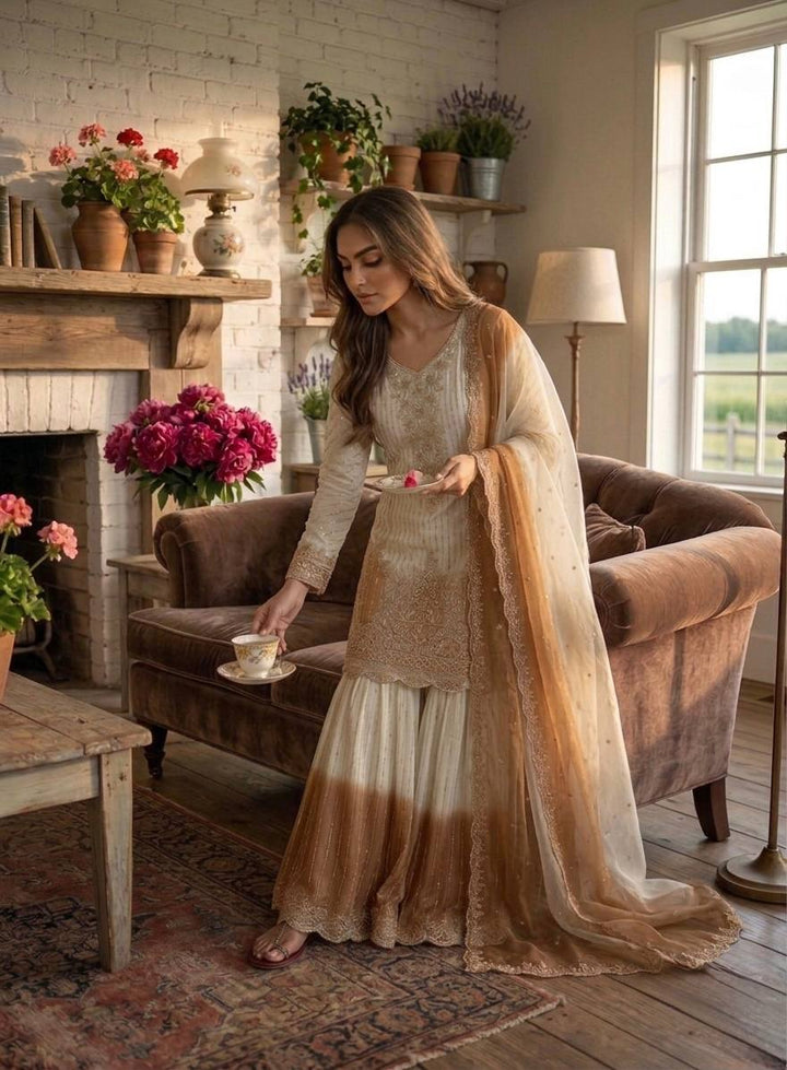 Off-White And Brown Ombre Embroidered Sharara Suit