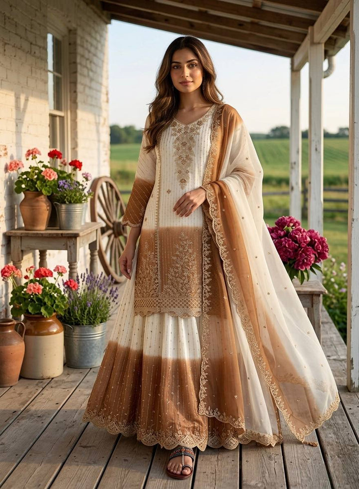 Off-White And Brown Ombre Embroidered Sharara Suit