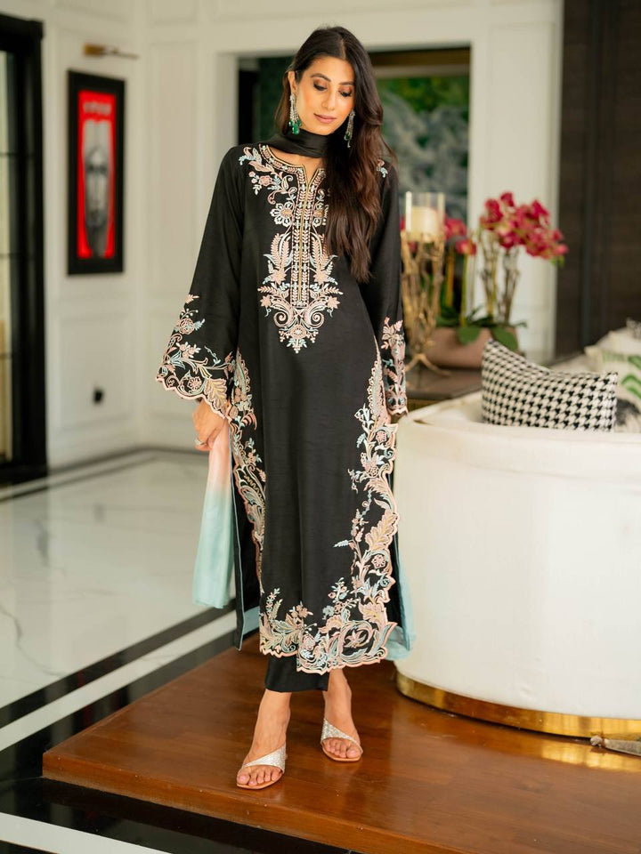 Jet Black Embroidered Long Kurta Suit With Ombre Side Dupatta