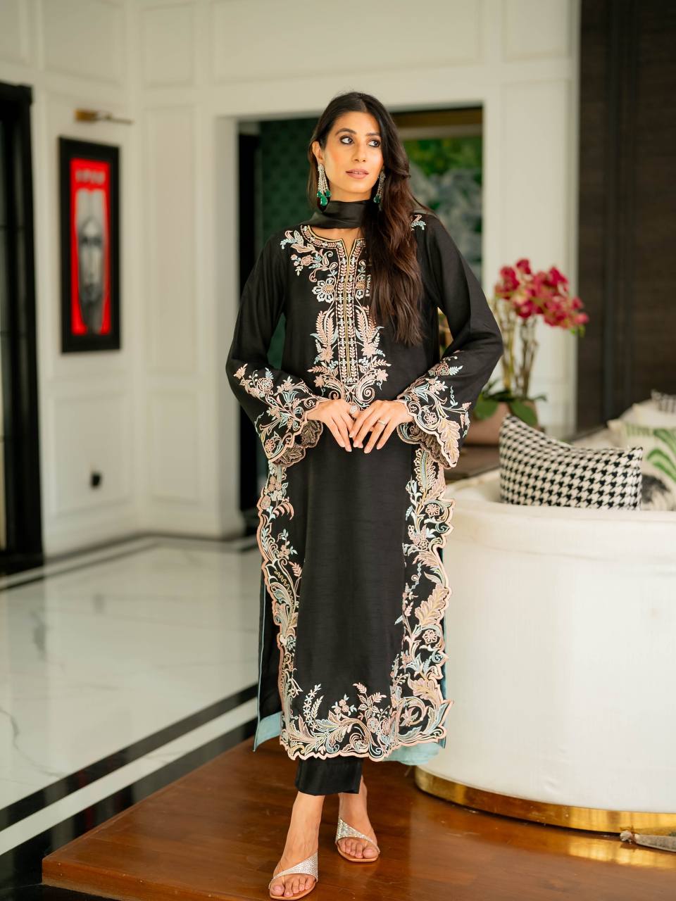 Jet Black Embroidered Long Kurta Suit With Ombre Side Dupatta
