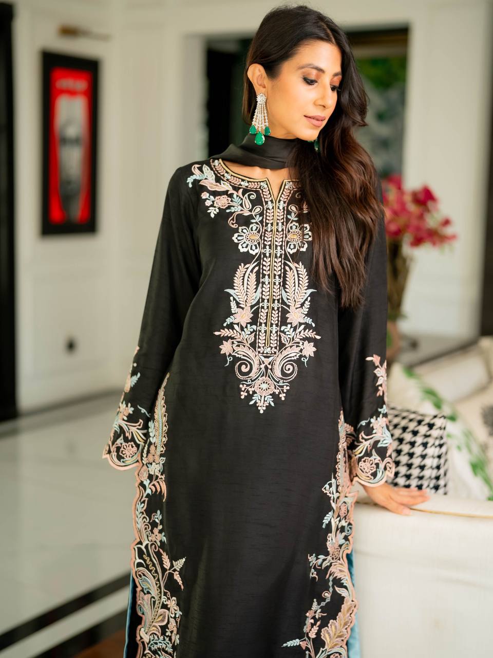 Jet Black Embroidered Long Kurta Suit With Ombre Side Dupatta