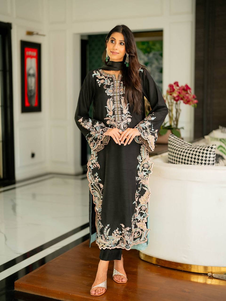 Jet Black Embroidered Long Kurta Suit With Ombre Side Dupatta