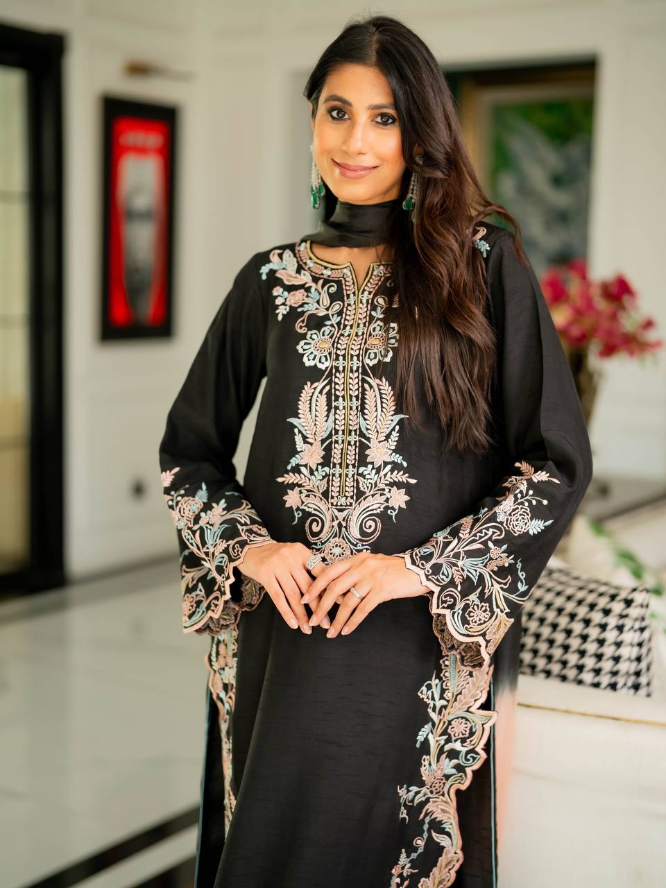 Jet Black Embroidered Long Kurta Suit With Ombre Side Dupatta