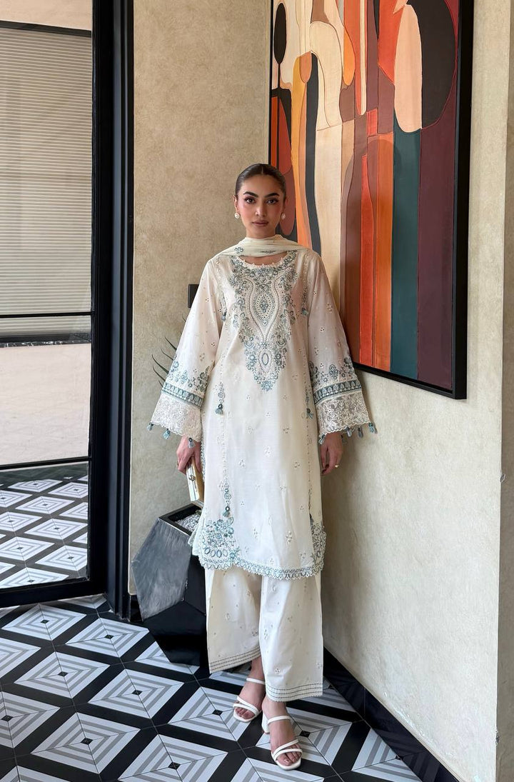 White And Emerald Green Embroidered