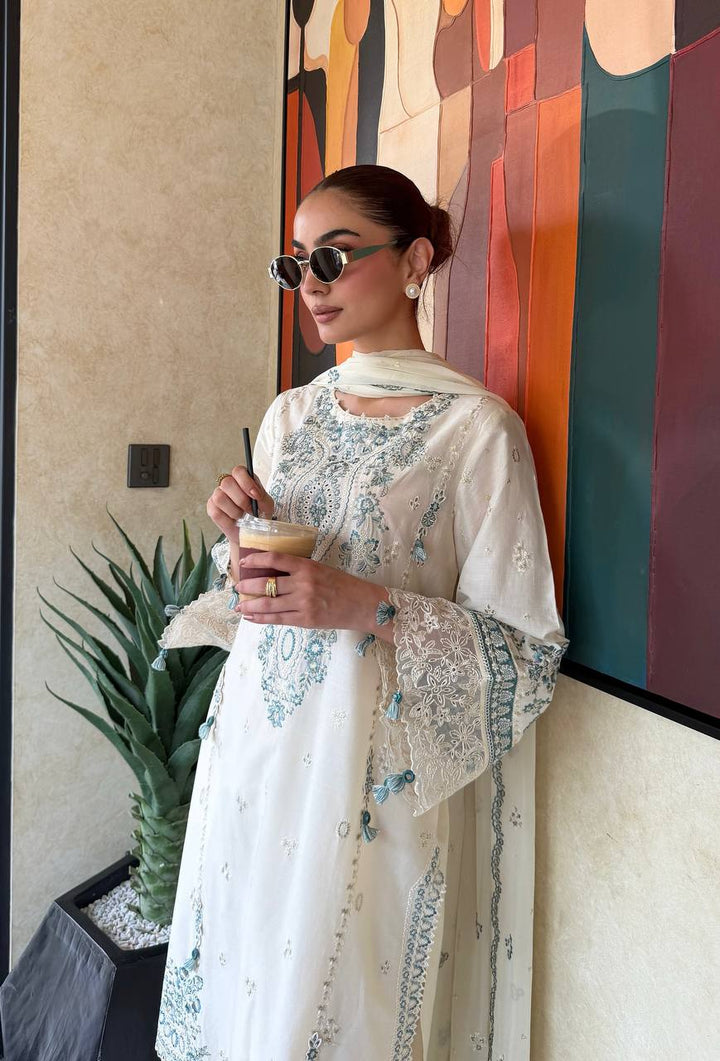 White And Emerald Green Embroidered