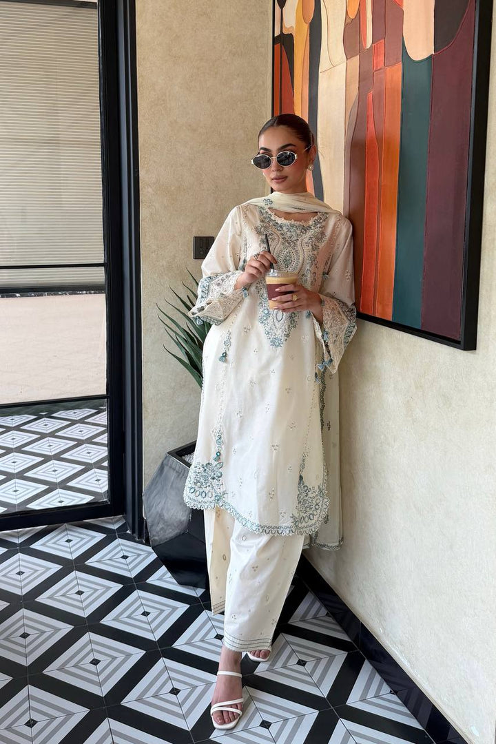 White And Emerald Green Embroidered
