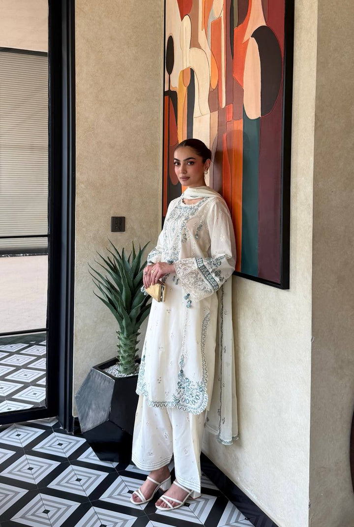 White And Emerald Green Embroidered