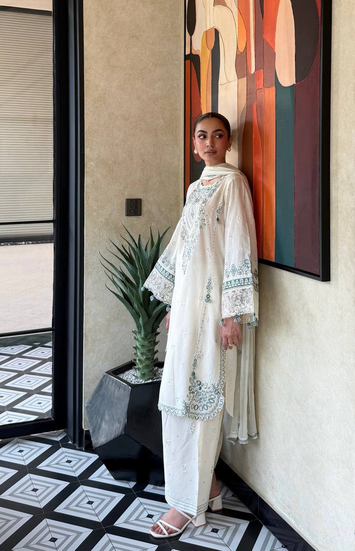 White And Emerald Green Embroidered