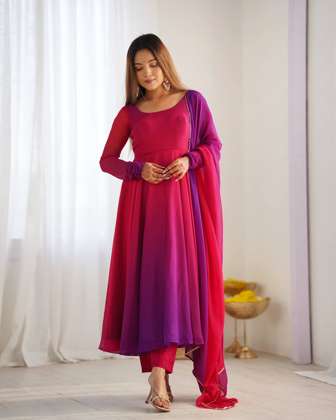Magenta Pink And Purple Dual Tone Ombre Flared Anarkali Suit