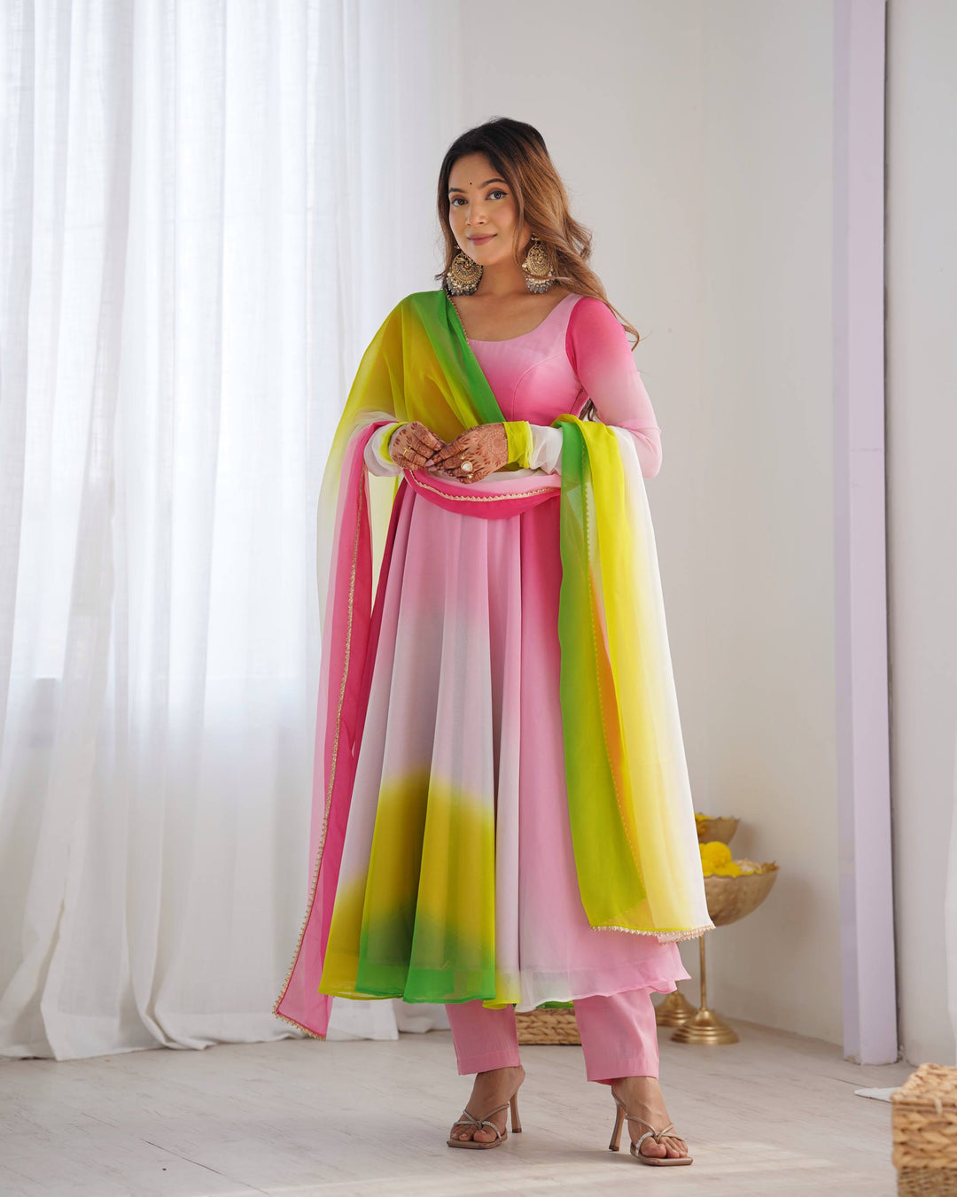 Multicolor Pink, Yellow And White Tie-Dye Ombre Anarkali Suit