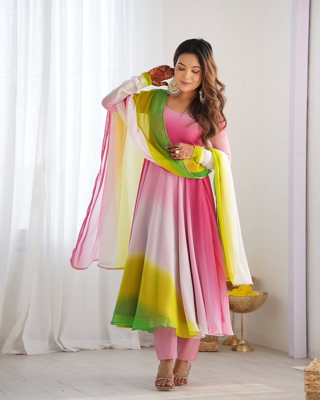 Multicolor Pink, Yellow And White Tie-Dye Ombre Anarkali Suit