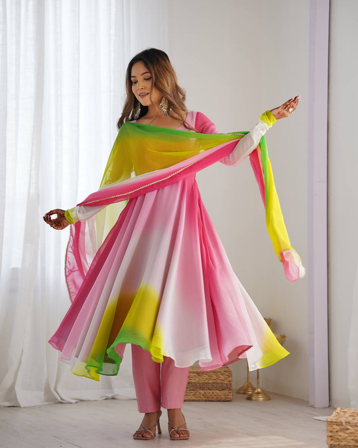 Multicolor Pink, Yellow And White Tie-Dye Ombre Anarkali Suit