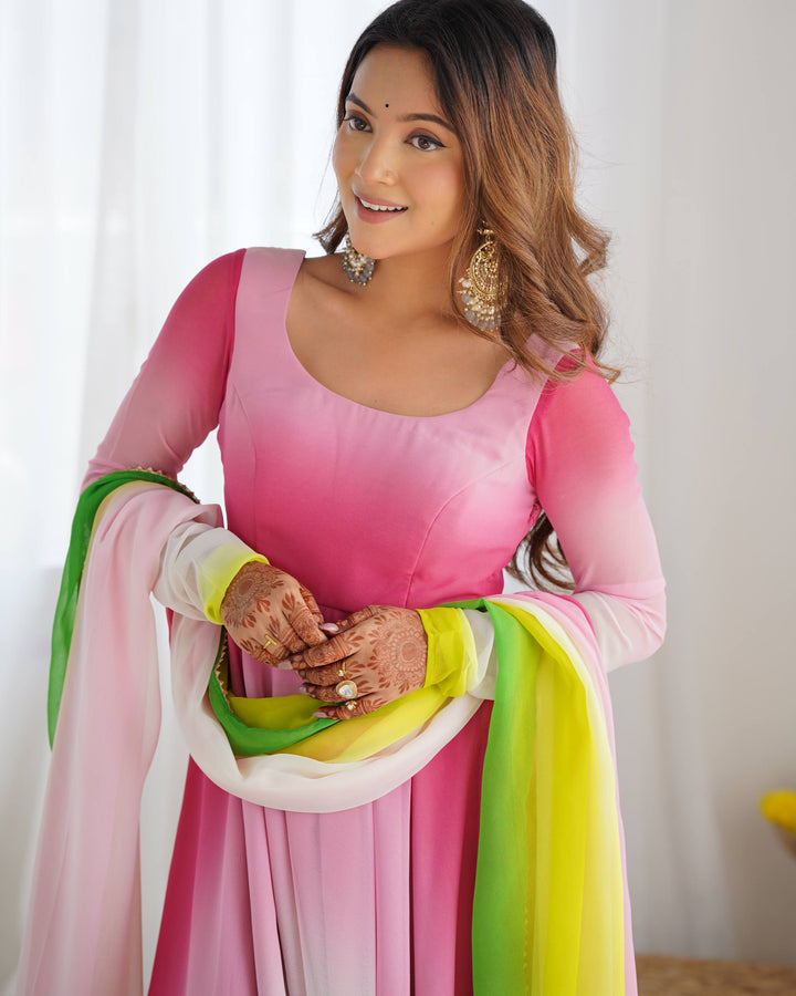 Multicolor Pink, Yellow And White Tie-Dye Ombre Anarkali Suit