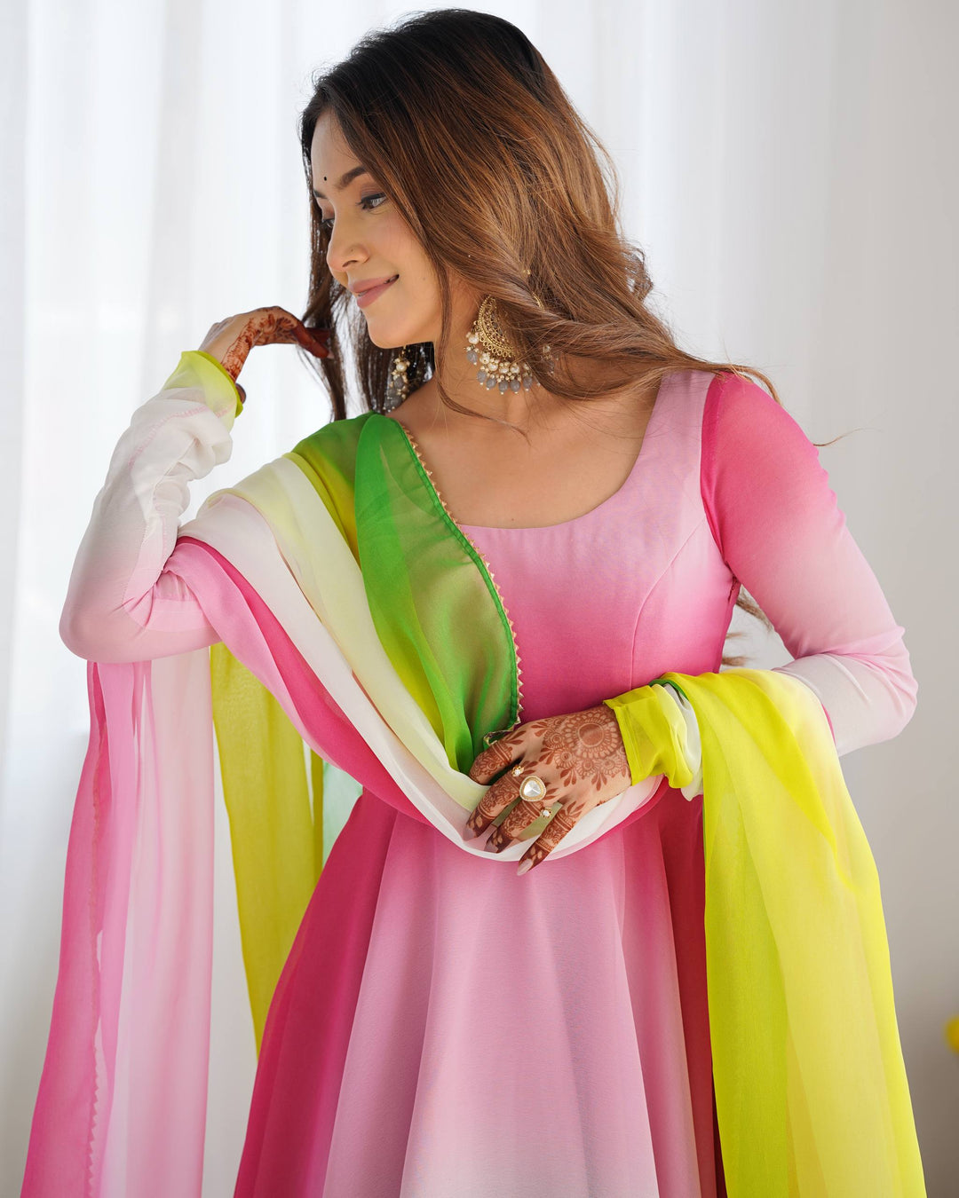 Multicolor Pink, Yellow And White Tie-Dye Ombre Anarkali Suit