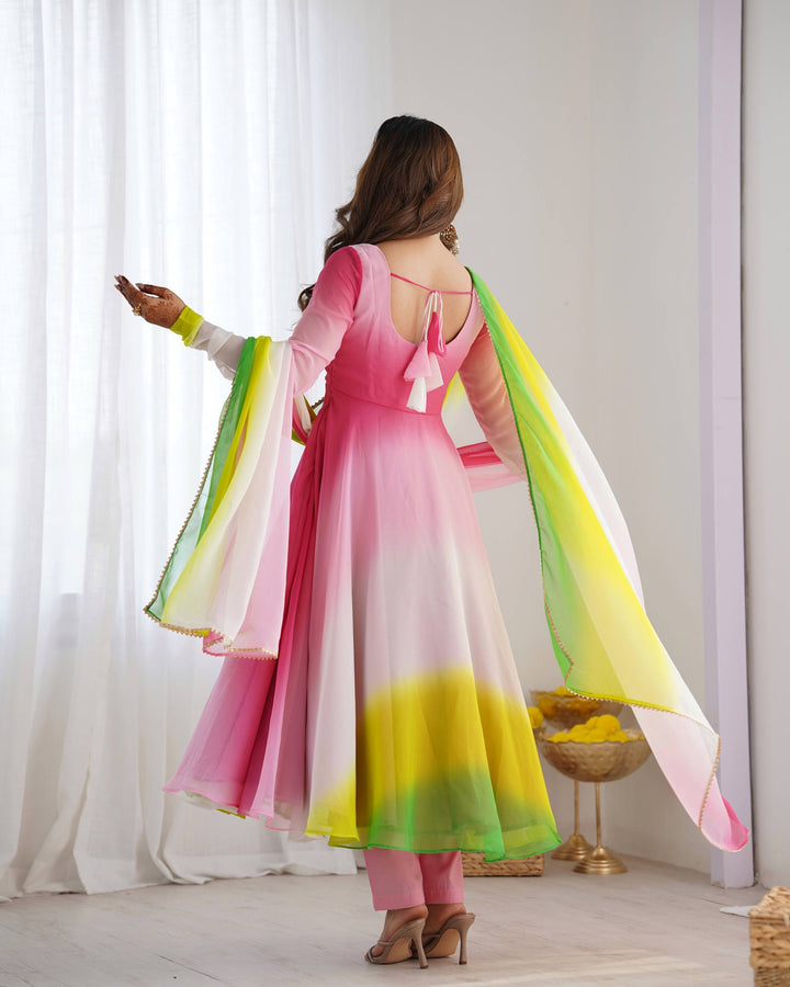 Multicolor Pink, Yellow And White Tie-Dye Ombre Anarkali Suit
