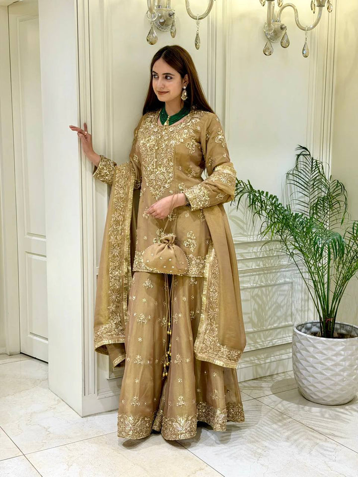 Olive Gold Metallic Silk Embroidered Palazzo Suit
