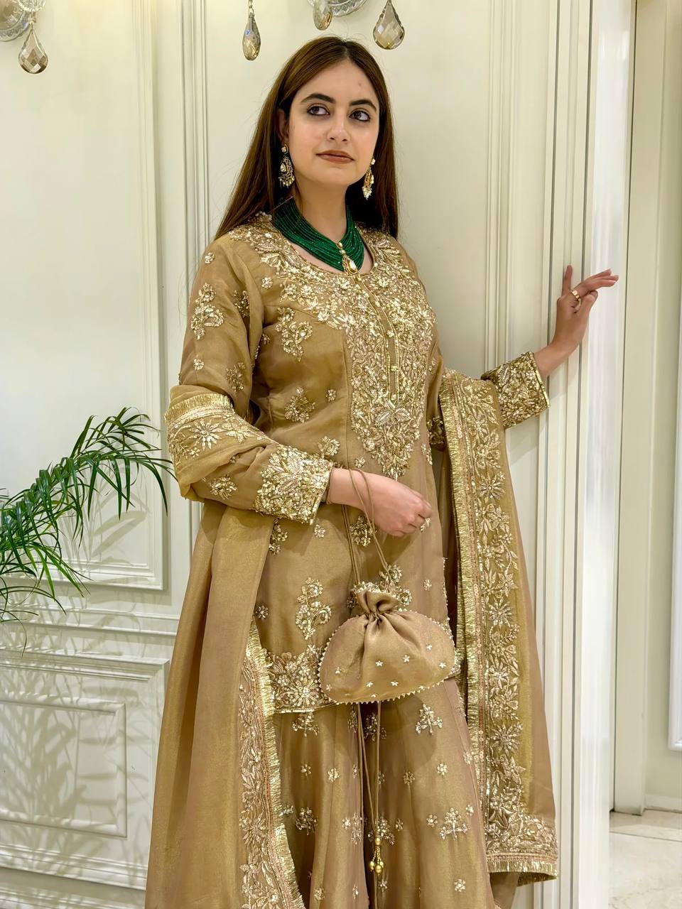 Olive Gold Metallic Silk Embroidered Palazzo Suit