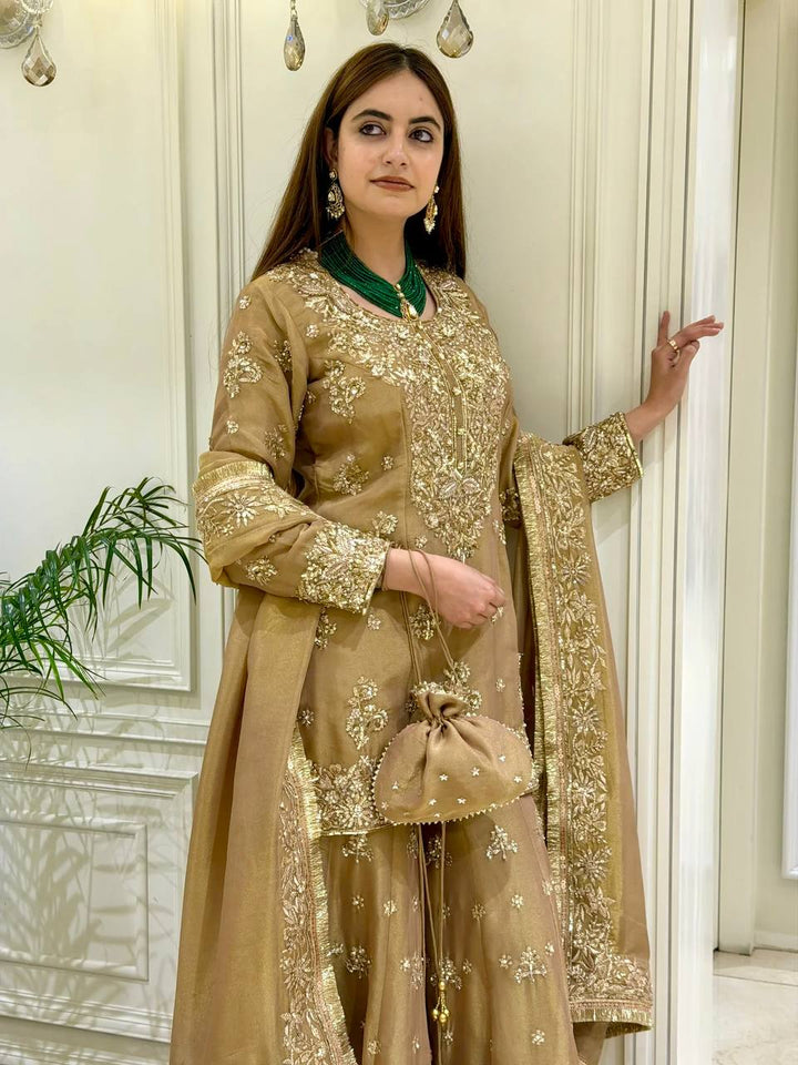 Olive Gold Metallic Silk Embroidered Palazzo Suit