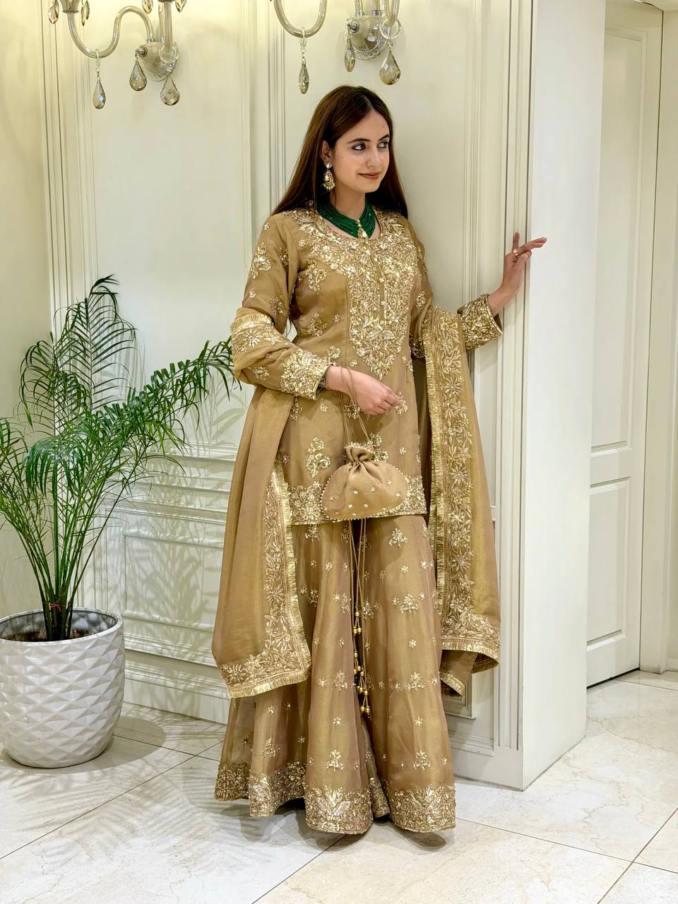 Olive Gold Metallic Silk Embroidered Palazzo Suit