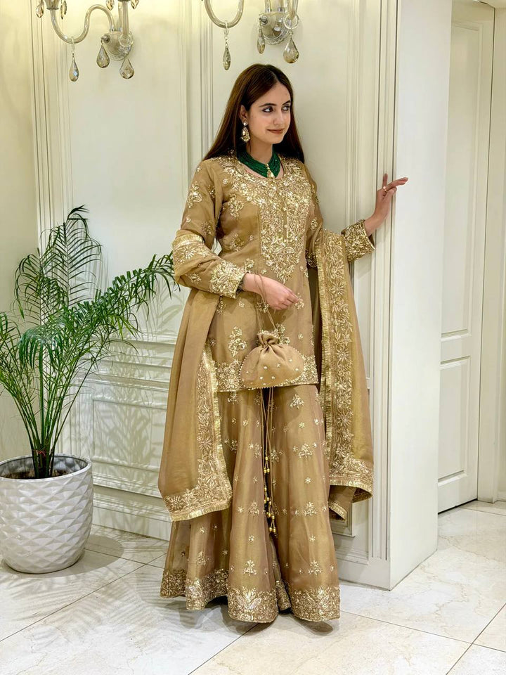 Olive Gold Metallic Silk Embroidered Palazzo Suit
