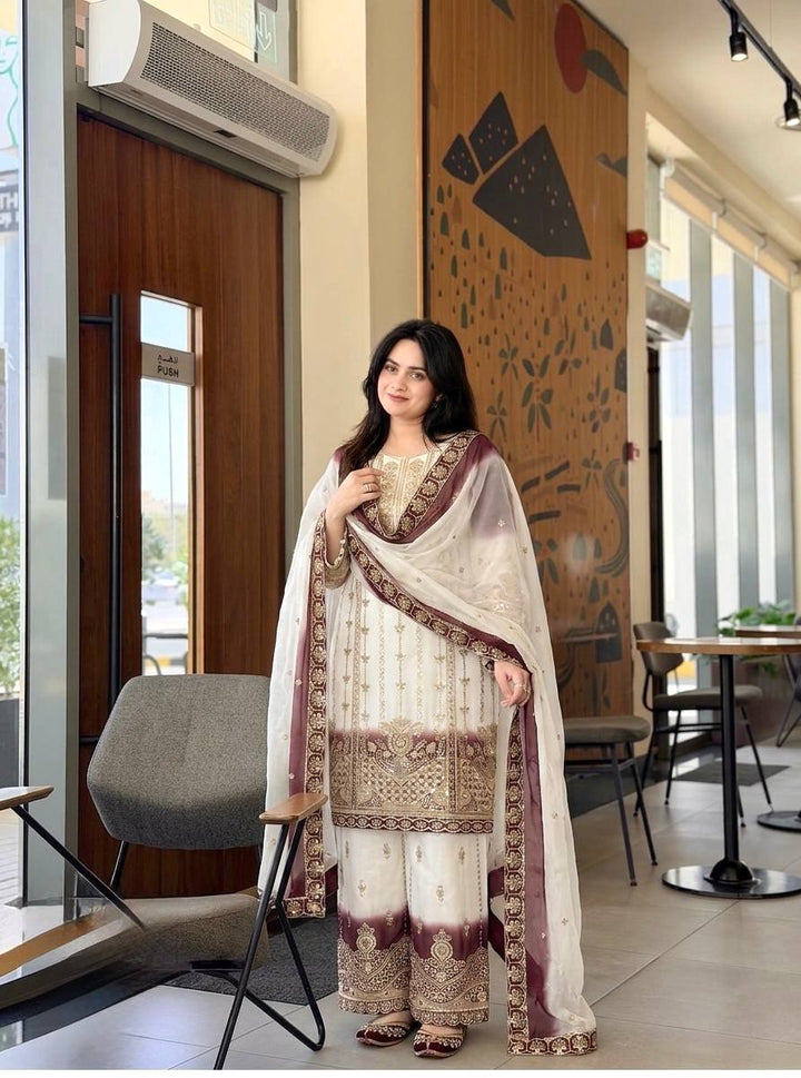 Off-White And Deep Maroon Ombre Embroidered Palazzo Sui