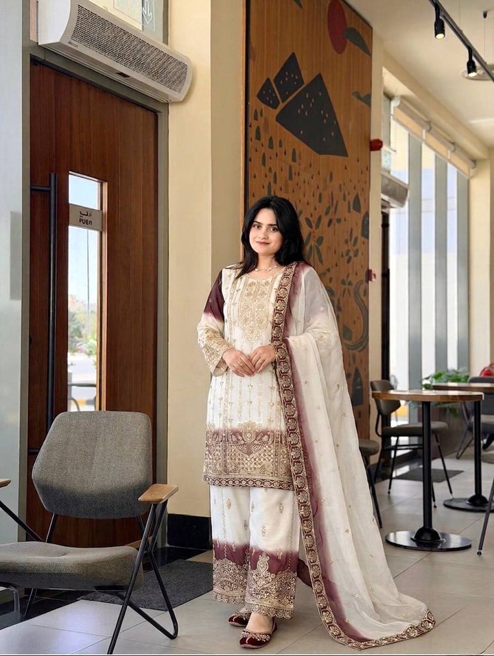 Off-White And Deep Maroon Ombre Embroidered Palazzo Sui