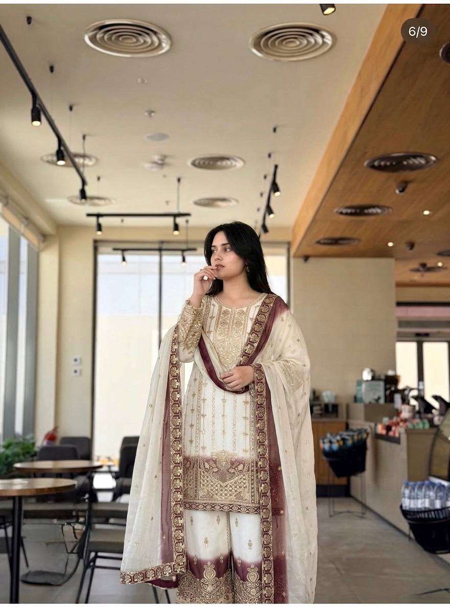 Off-White And Deep Maroon Ombre Embroidered Palazzo Sui