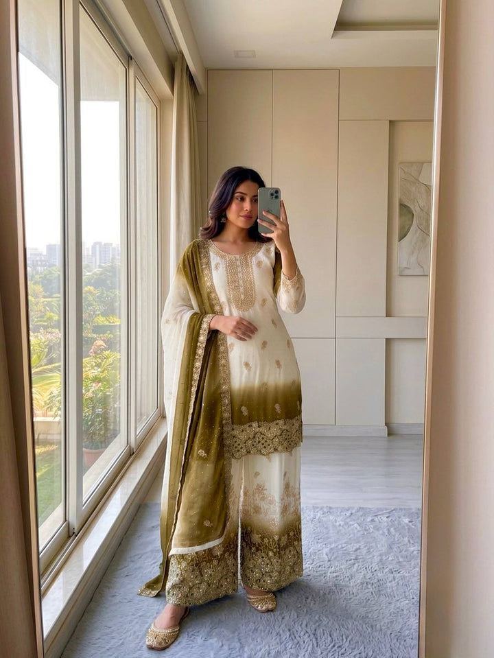 4 Color Ombre Gold Zari Embroidered Palazzo Suit