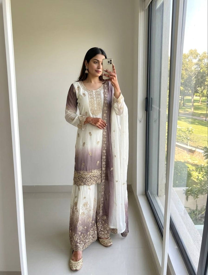 4 Color Ombre Gold Zari Embroidered Palazzo Suit