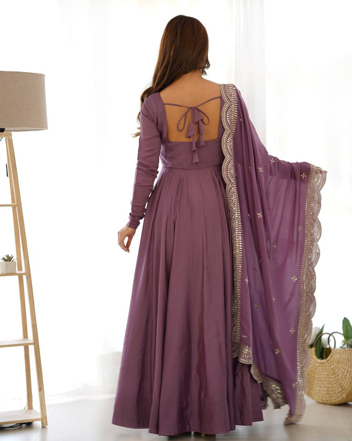 Dusty Mauve Flared Anarkali Suit Set With Scalloped Dupatta