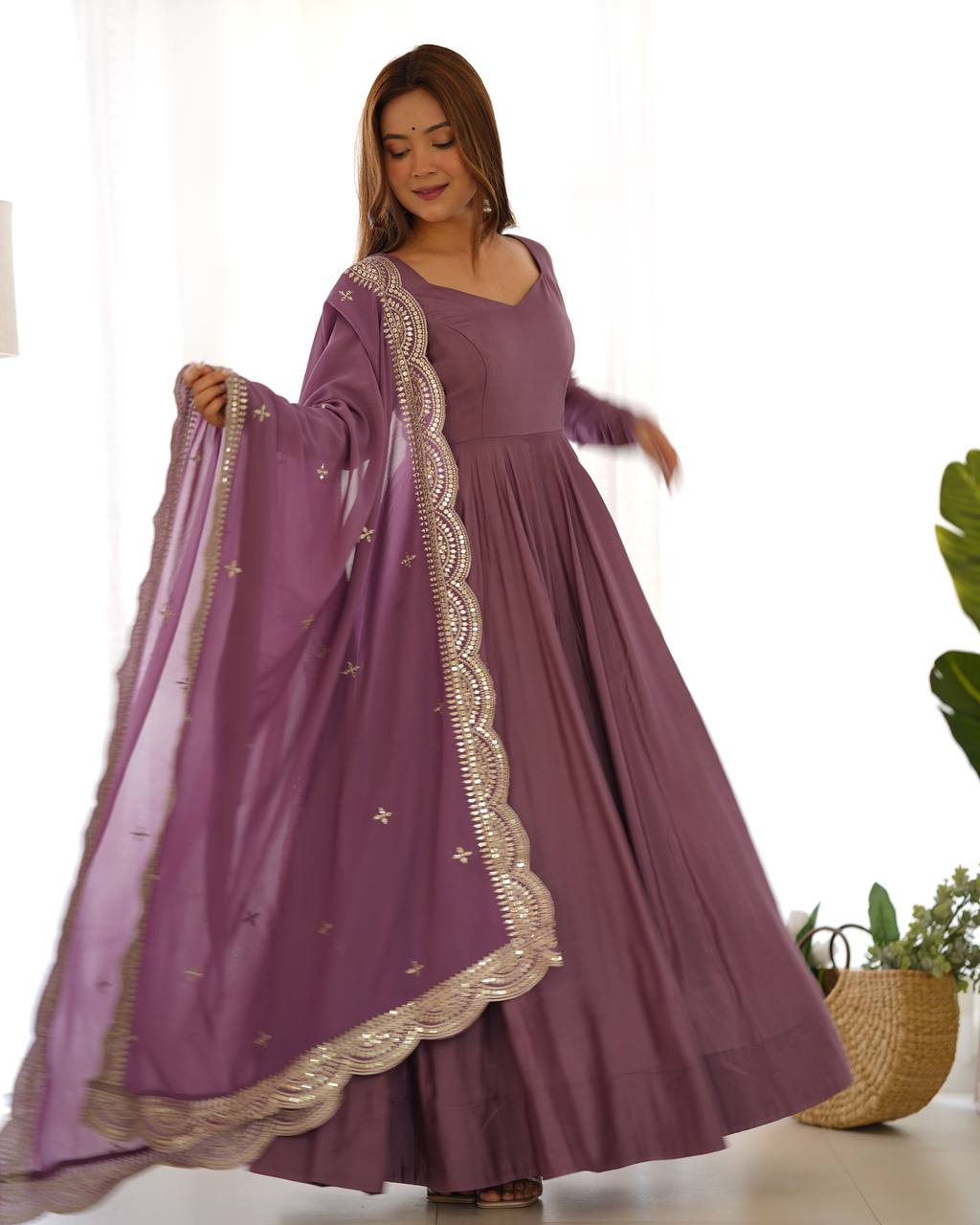 Dusty Mauve Flared Anarkali Suit Set With Scalloped Dupatta