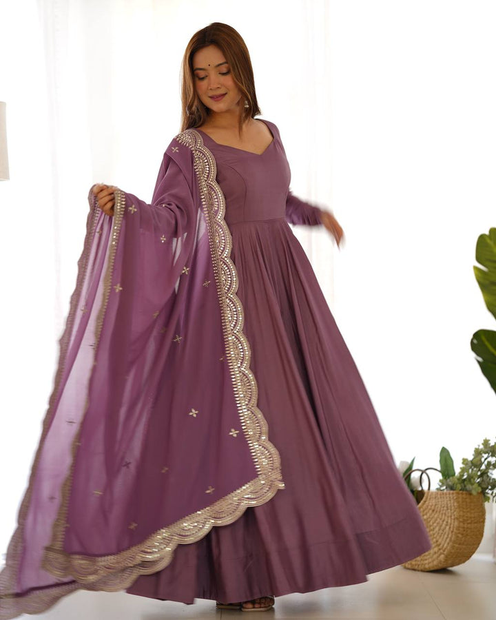 Dusty Mauve Flared Anarkali Suit Set With Scalloped Dupatta