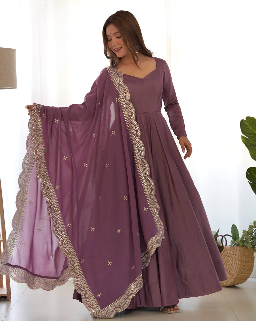 Dusty Mauve Flared Anarkali Suit Set With Scalloped Dupatta