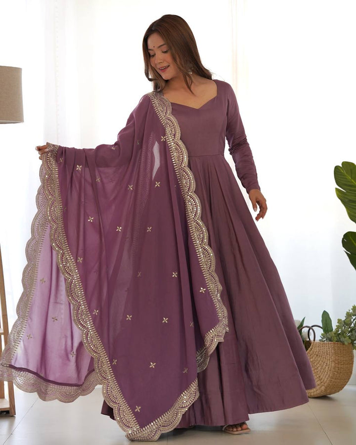 Dusty Mauve Flared Anarkali Suit Set With Scalloped Dupatta
