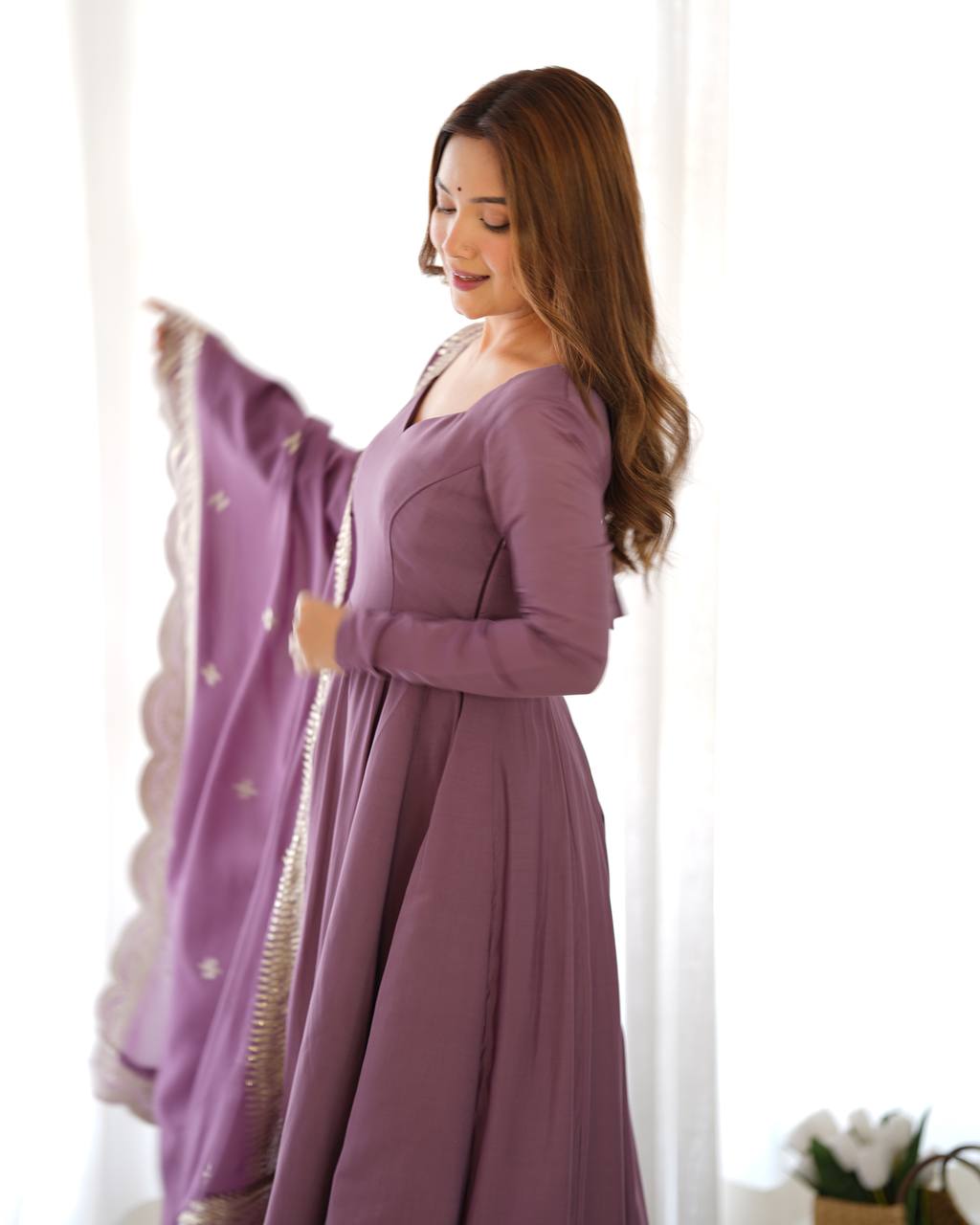 Dusty Mauve Flared Anarkali Suit Set With Scalloped Dupatta