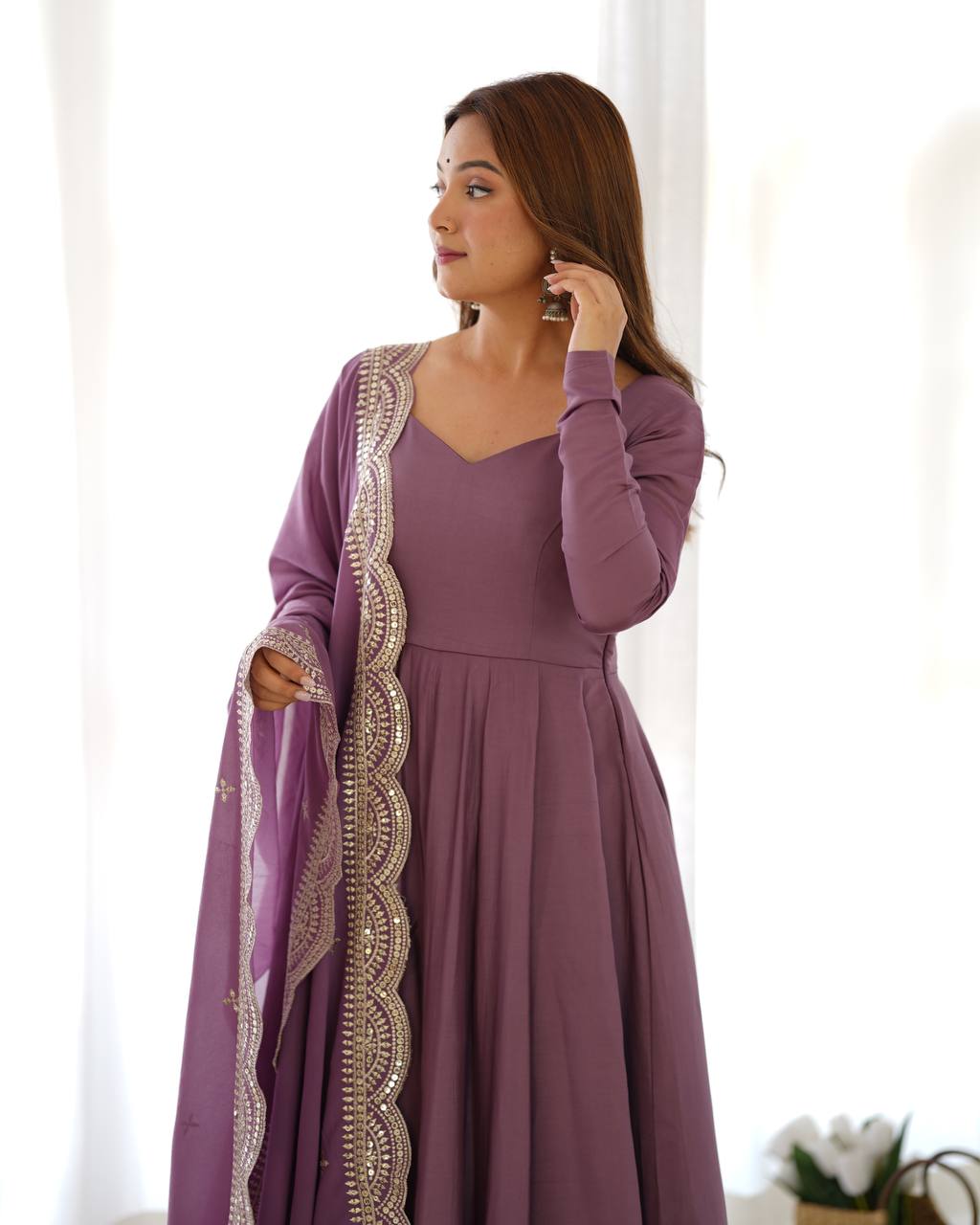 Dusty Mauve Flared Anarkali Suit Set With Scalloped Dupatta