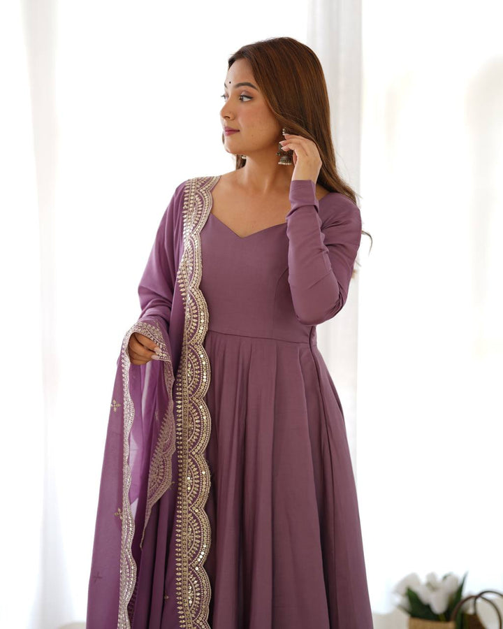 Dusty Mauve Flared Anarkali Suit Set With Scalloped Dupatta