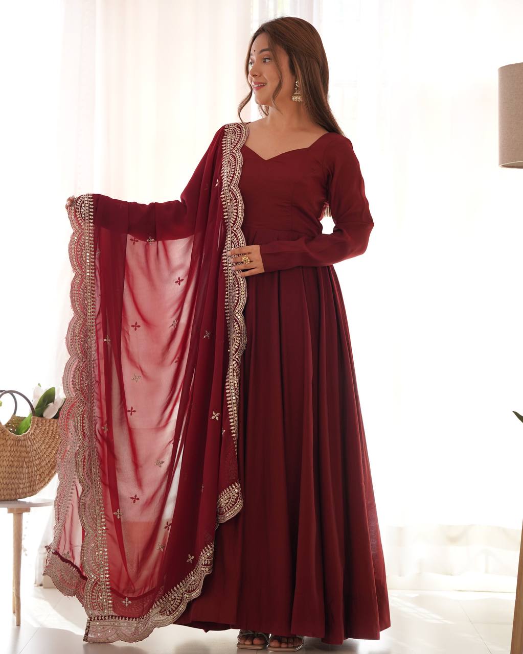 Maroon Flared Anarkali Suit Set With Scalloped Dupatta