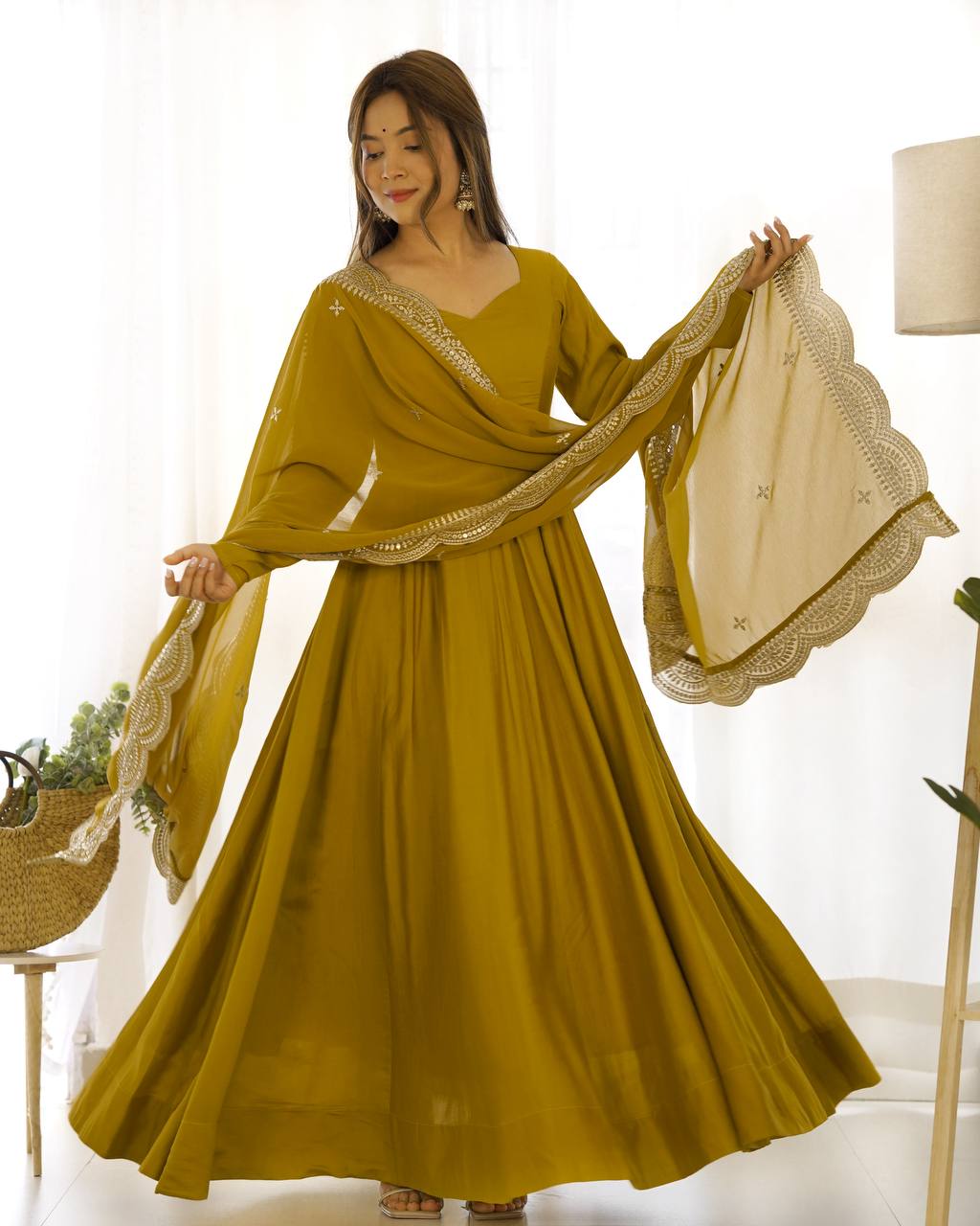 Mustard Flared Anarkali Suit Set With Scalloped Dupatta