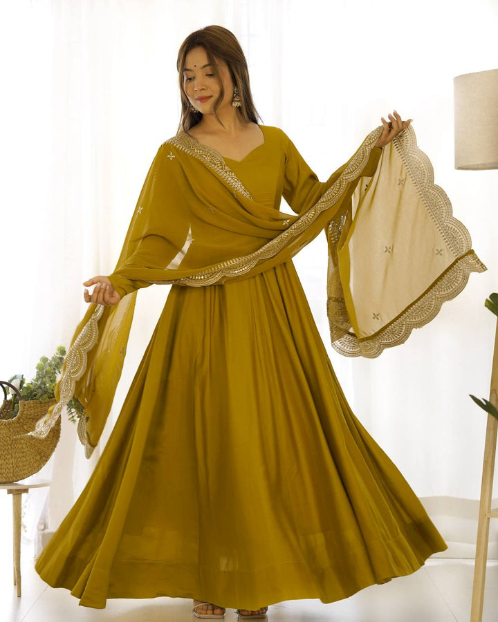 Mustard Flared Anarkali Suit Set With Scalloped Dupatta