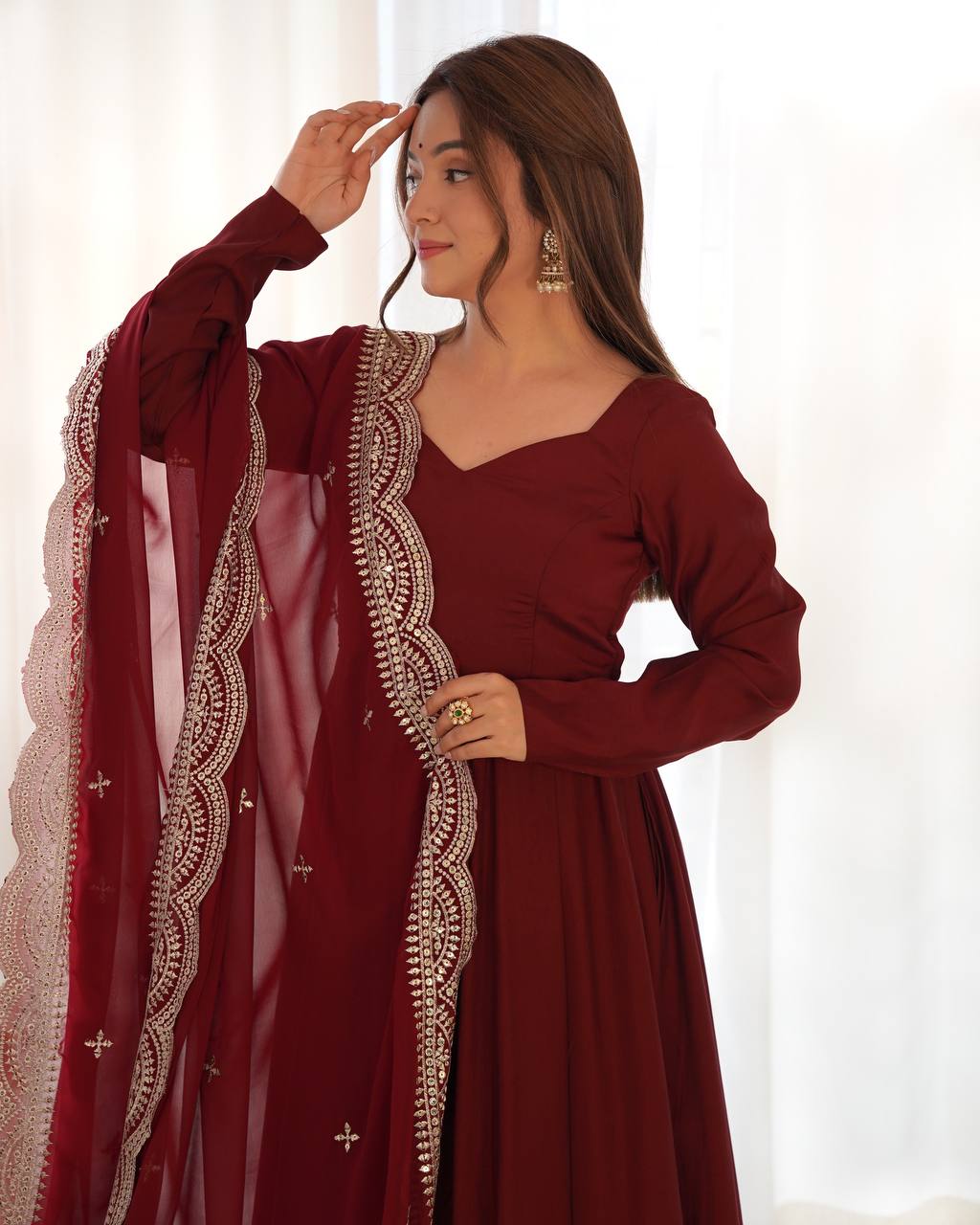 Maroon Flared Anarkali Suit Set With Scalloped Dupatta