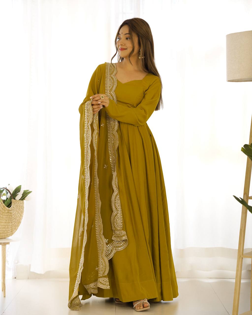 Mustard Flared Anarkali Suit Set With Scalloped Dupatta