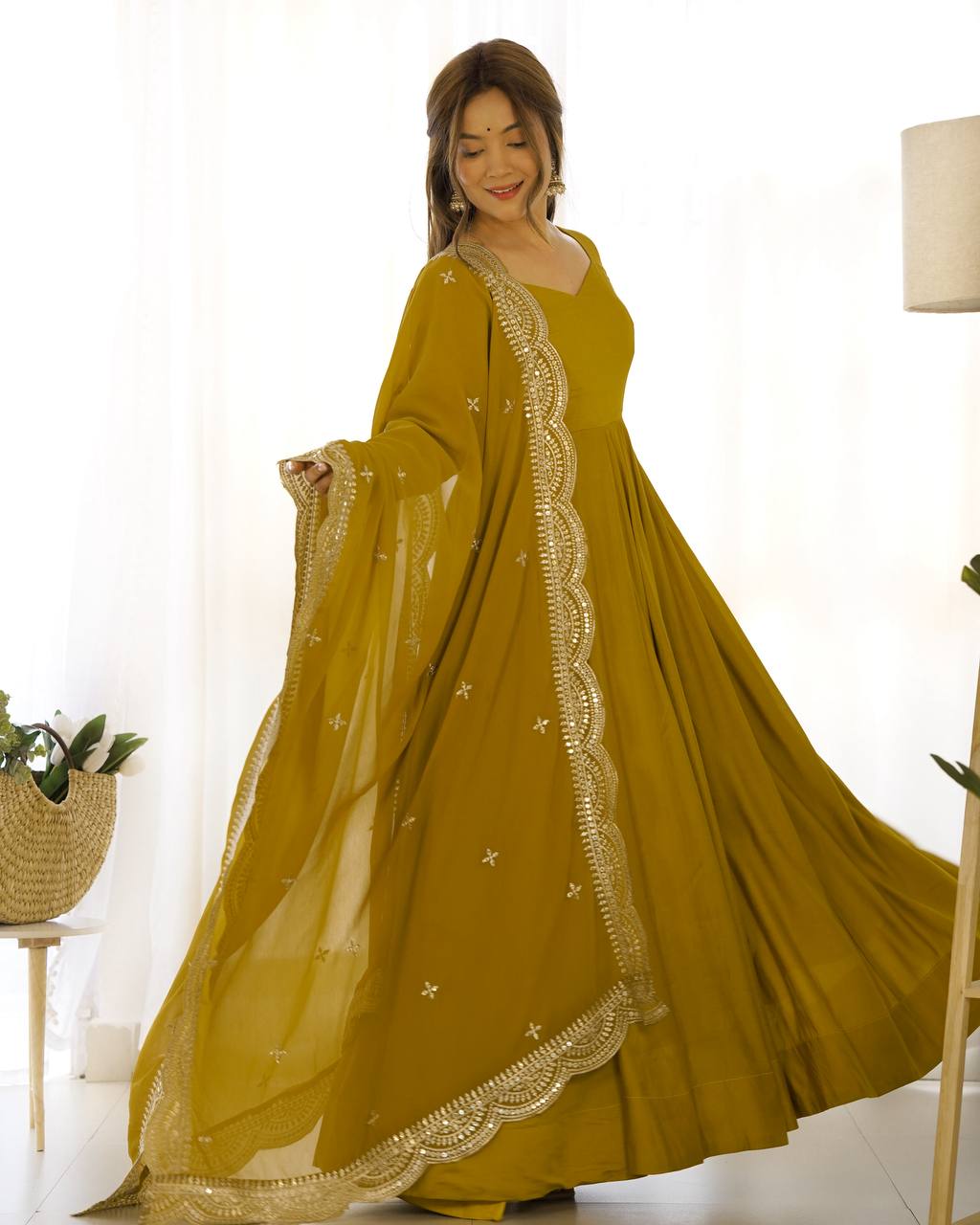 Mustard Flared Anarkali Suit Set With Scalloped Dupatta
