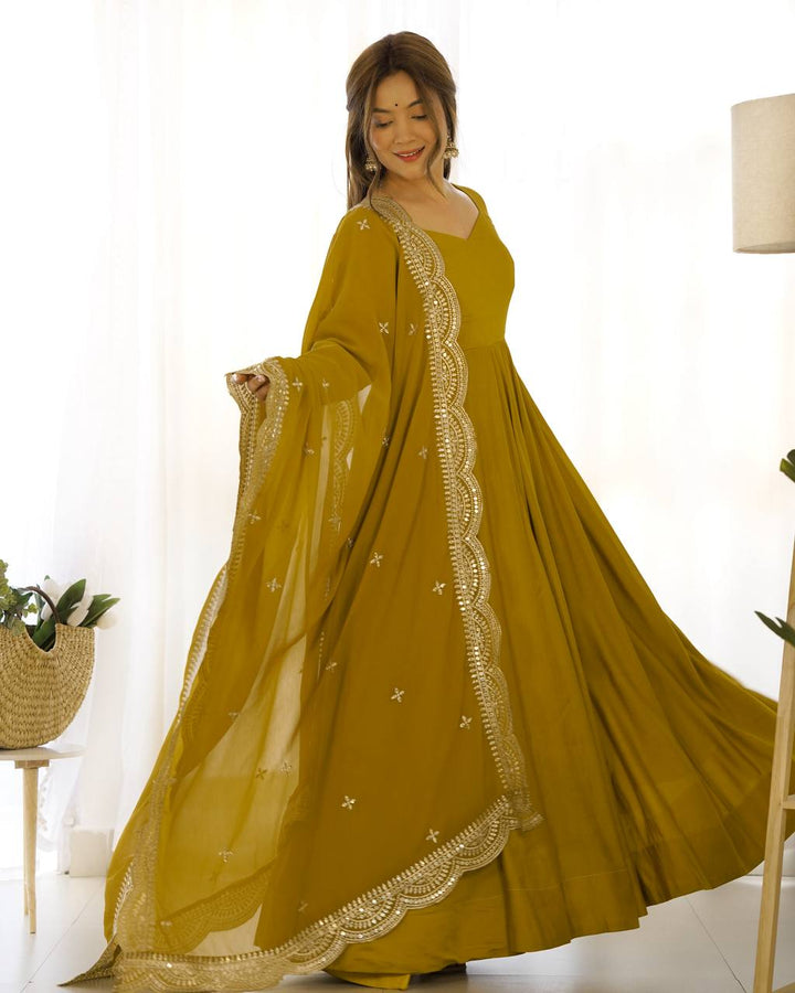 Mustard Flared Anarkali Suit Set With Scalloped Dupatta