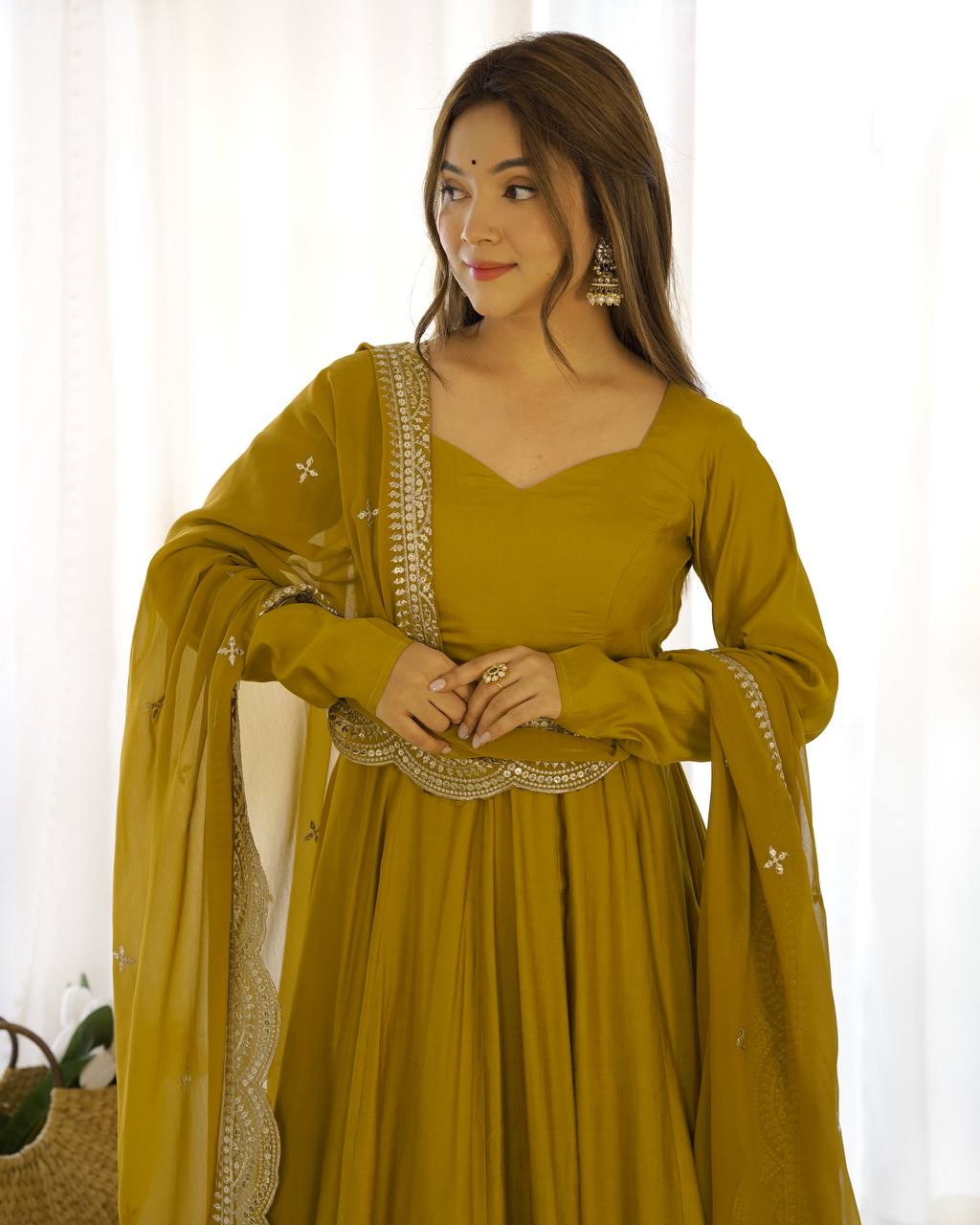 Mustard Flared Anarkali Suit Set With Scalloped Dupatta