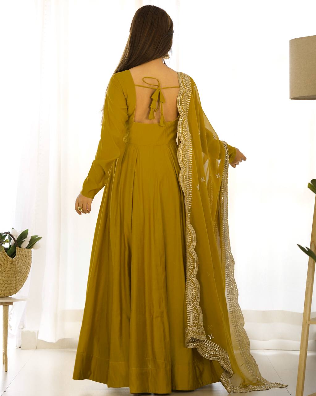 Mustard Flared Anarkali Suit Set With Scalloped Dupatta